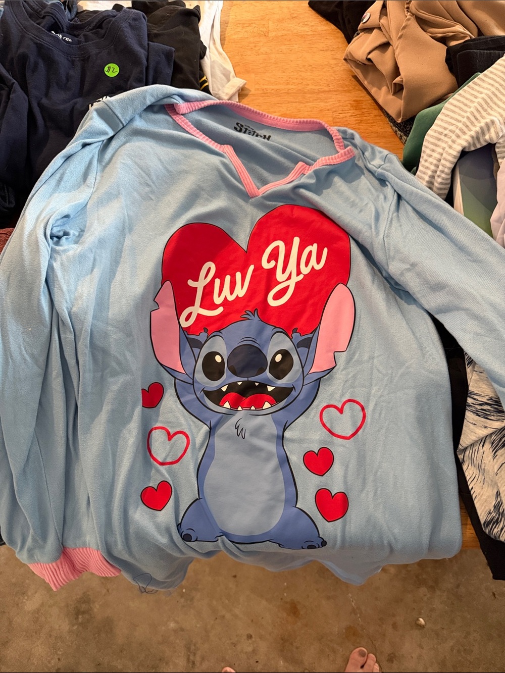 Disney Light Blue Stitch "Luv Ya" Pajama Top with Red Hearts